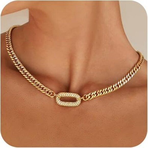 Gold Necklace Chunky Cuban Link Chain Herringbone Choker Statement Fashion - Picture 1 of 5